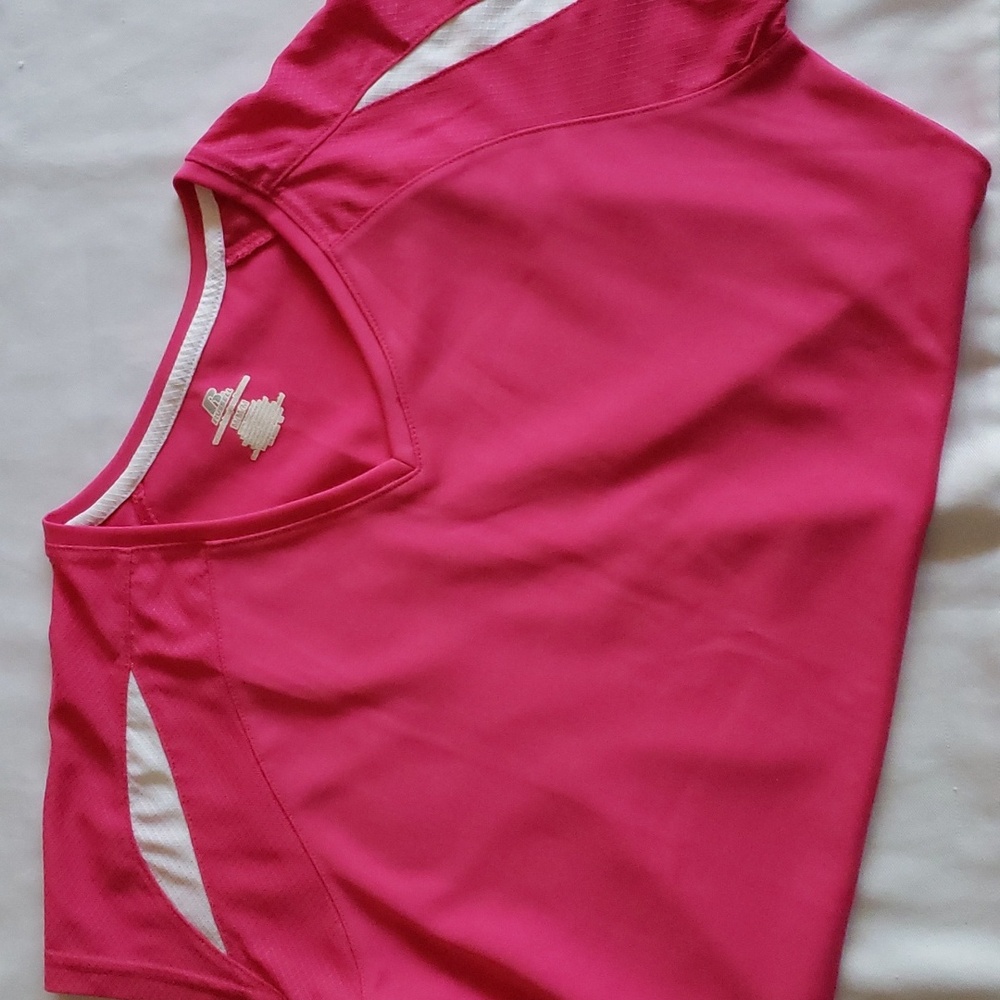 Russell vneck tee shirt, pink and white, Medium